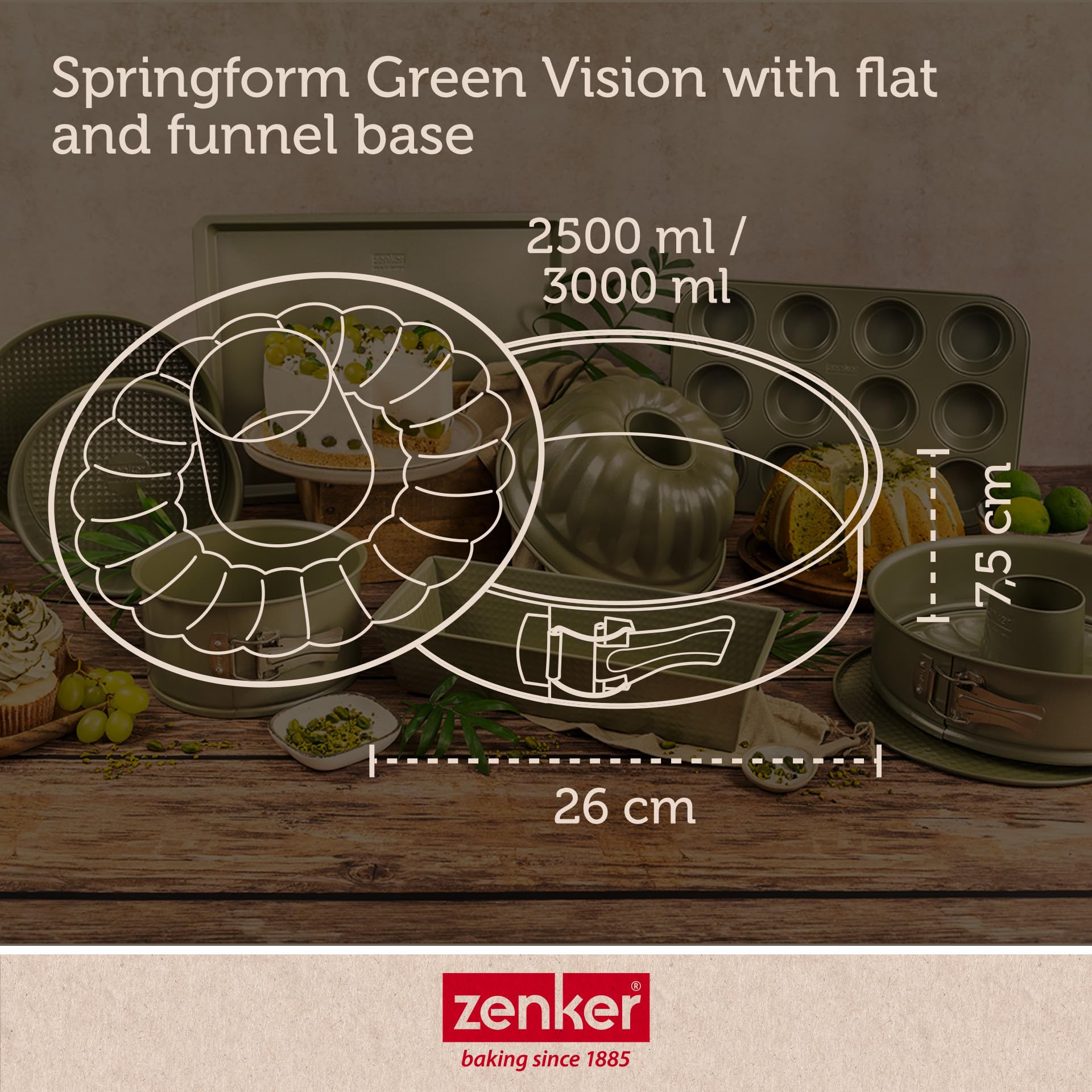 Zenker Springform Fluted Cake Tin Interchangeable Base 26cm Diameter, High Edge Tall Rim, Green Vision Series - Image 4