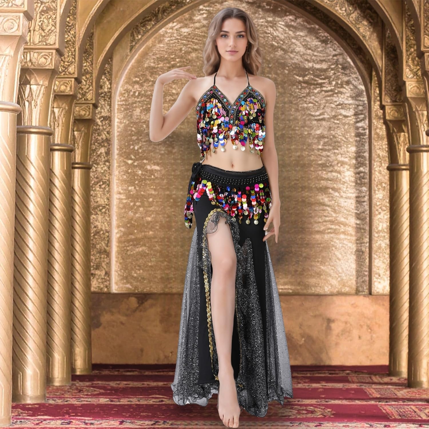 Belly Dance Hip Scarf Coins Plus Size Fringe Skirt, Sequin Fringe Skirt Belly Dancer Costumes for Women - Image 2