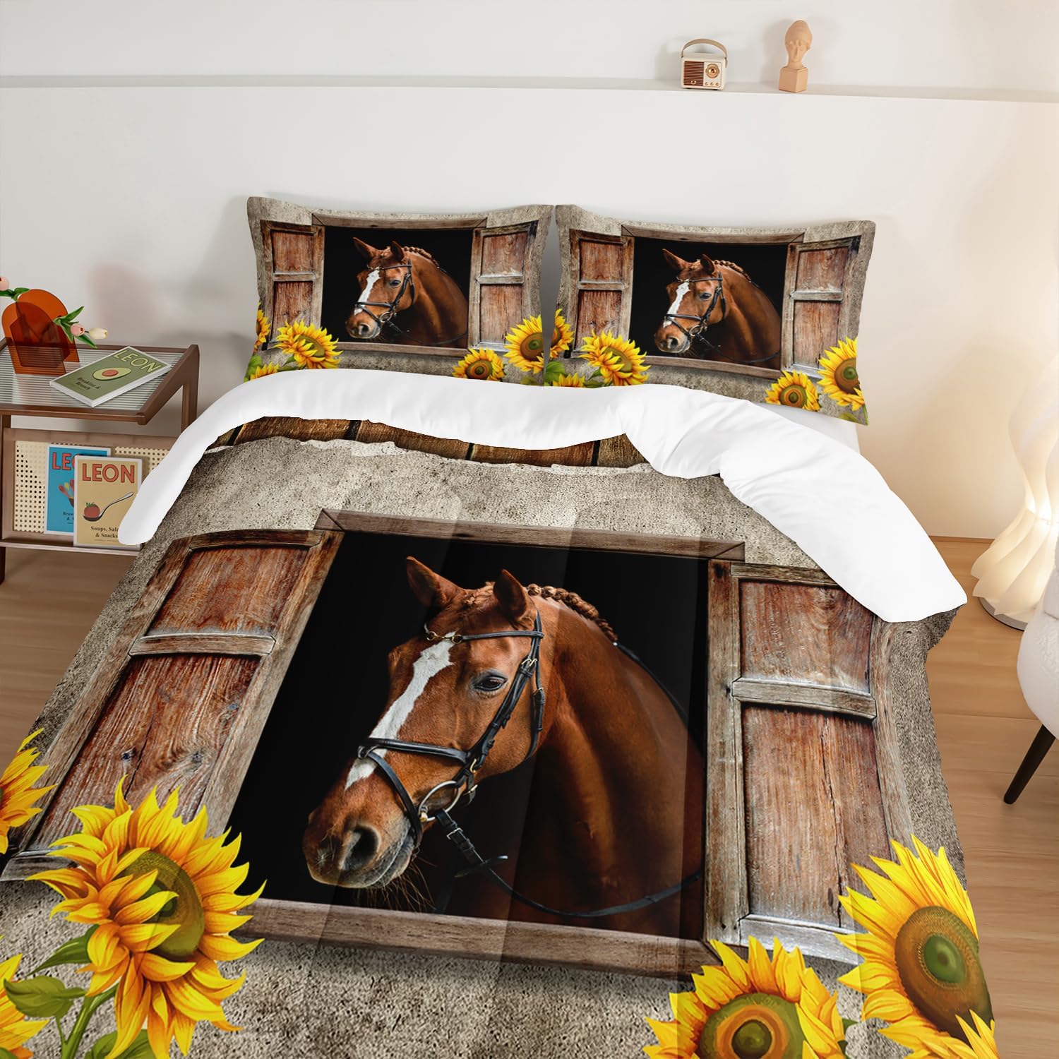 HOSIMA Farm Horse Comforter Set with 2 Pillowcases,Brown Wood Grain Print Twin Bed in a Bag Sets for Adults Teens Boys Girls Sunflower Animal Bedding Country Farmhouse Room Decor Aesthetic.