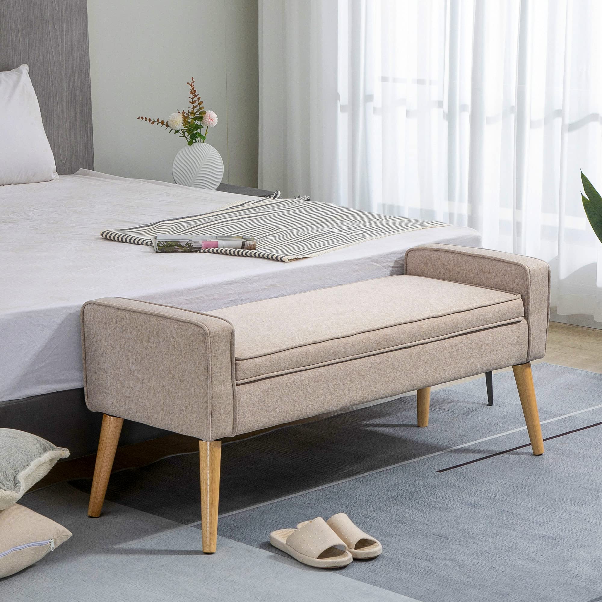 HOMCOM Puff Almacenaje Banco Almacenaje Tapizado en Lino Sintético con Tapa Abatible y Patas de Madera para Dormitorio Salón Entrada Carga 120 kg 120x45x54 cm Beige