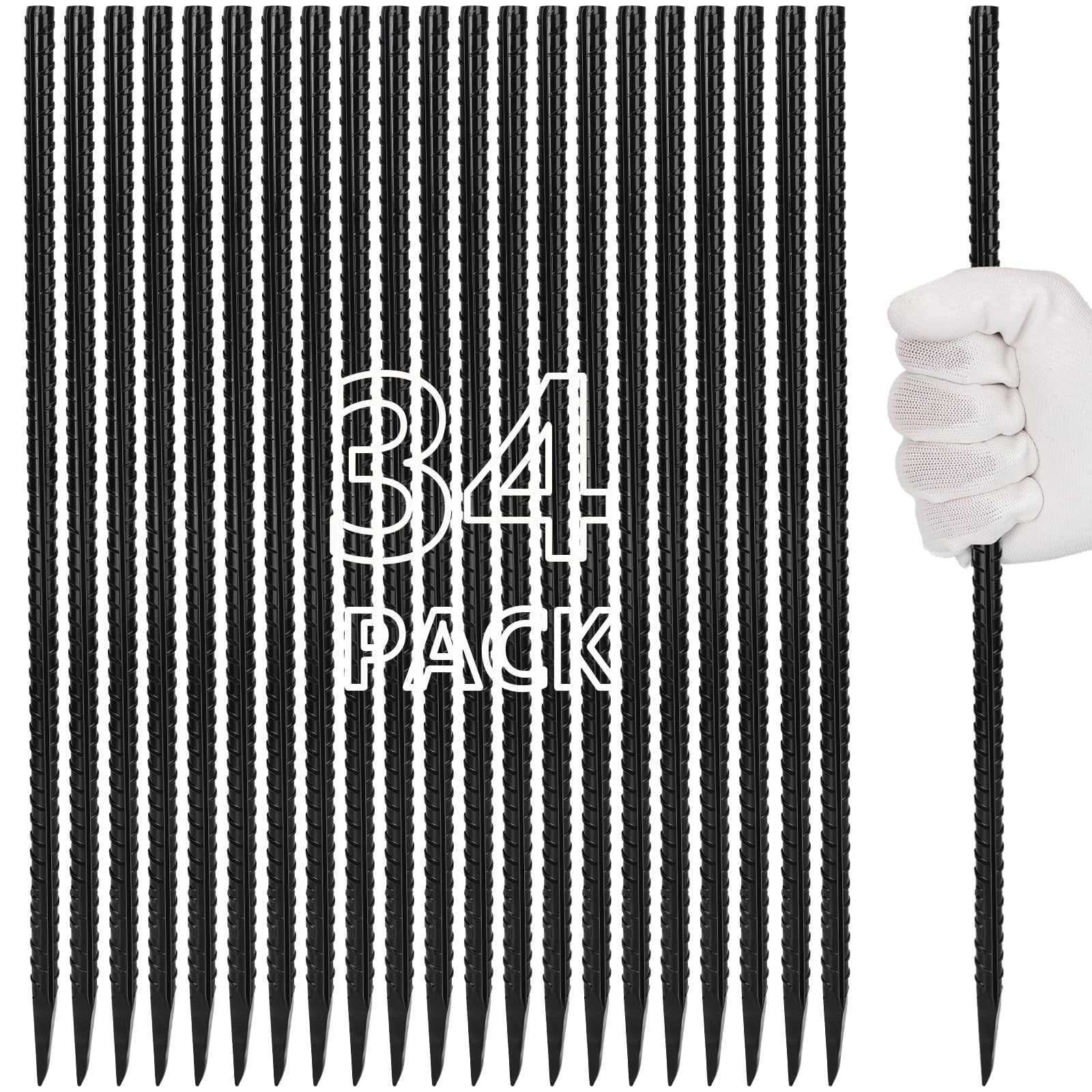 Besitu 16 inches Rebar Stakes Heavy Duty (34-Pack) Metal Spikes for Concrete Timber, Garden Plant, Straight Steel Stakes for Tent, 3/8" Thickness Ground Anchors with Chisel Point End, Black — image 1