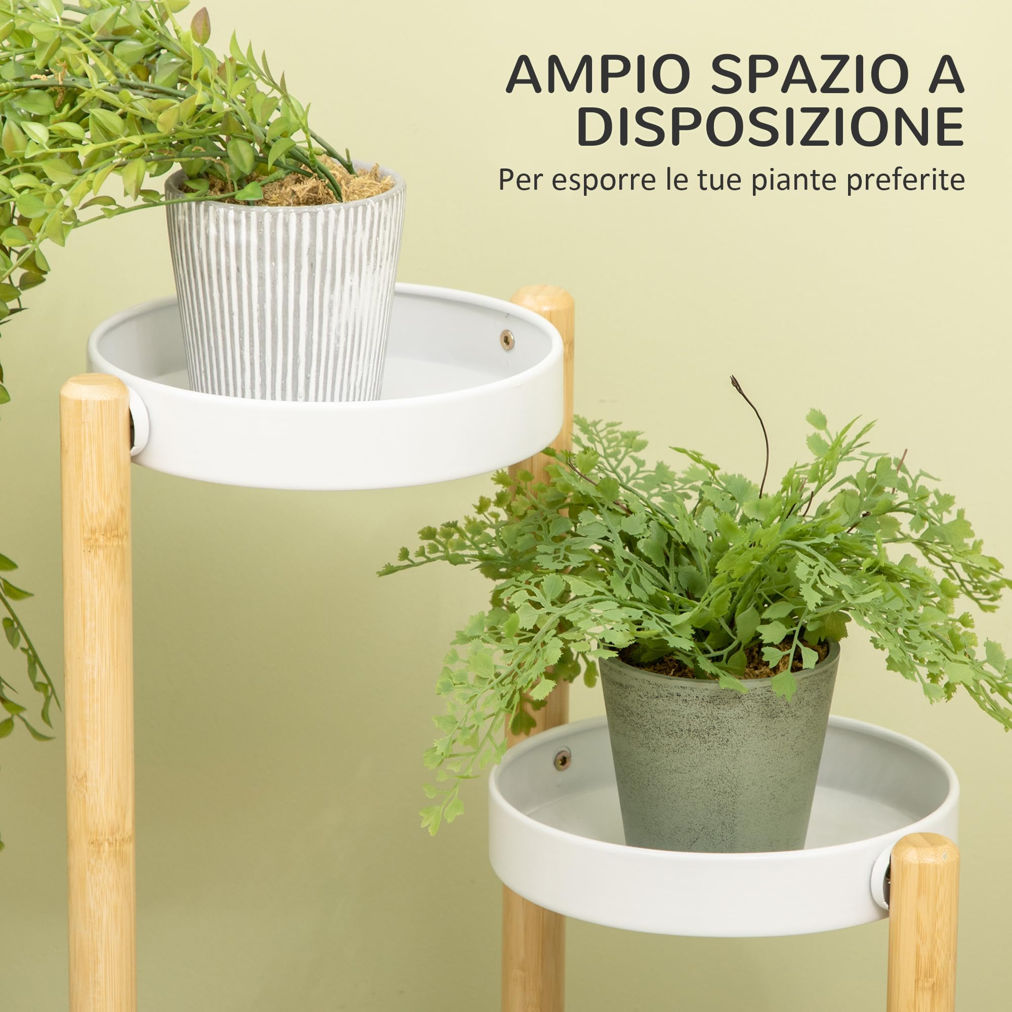 Outsunny Portapiante a 4 Ripiani a Vassoio per Interni ed Esterni, Scaffale Porta Piante in Bambù e Metallo, 28x28x80 cm, Bianco e Color Legno