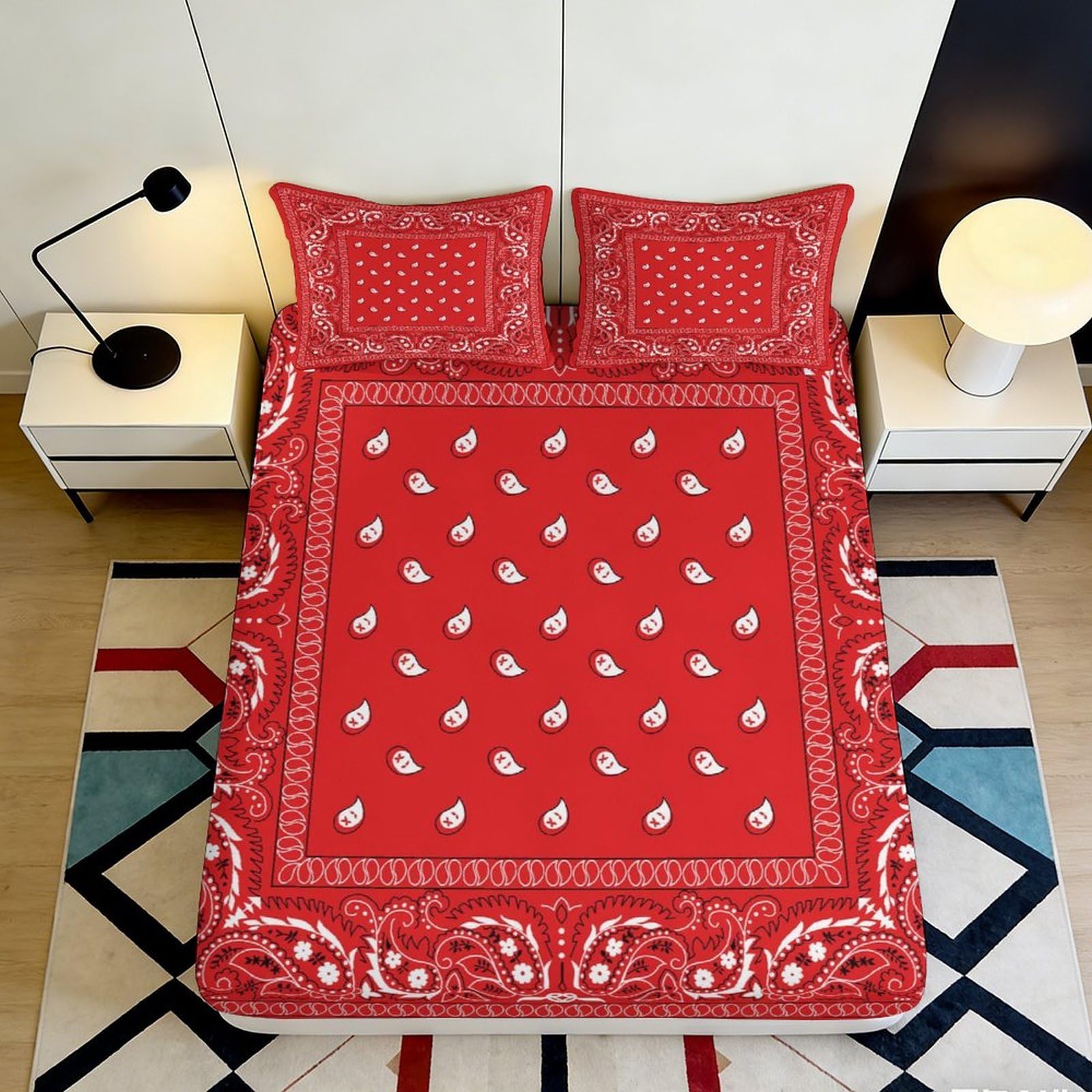 3D Printed Red Paisley Fitted Sheet Microfiber Soft Breathable Bandana Pattern Bed Sheet for Bedroom Dormitory Guest Room Mattress Protection Decor 90x200x25cm