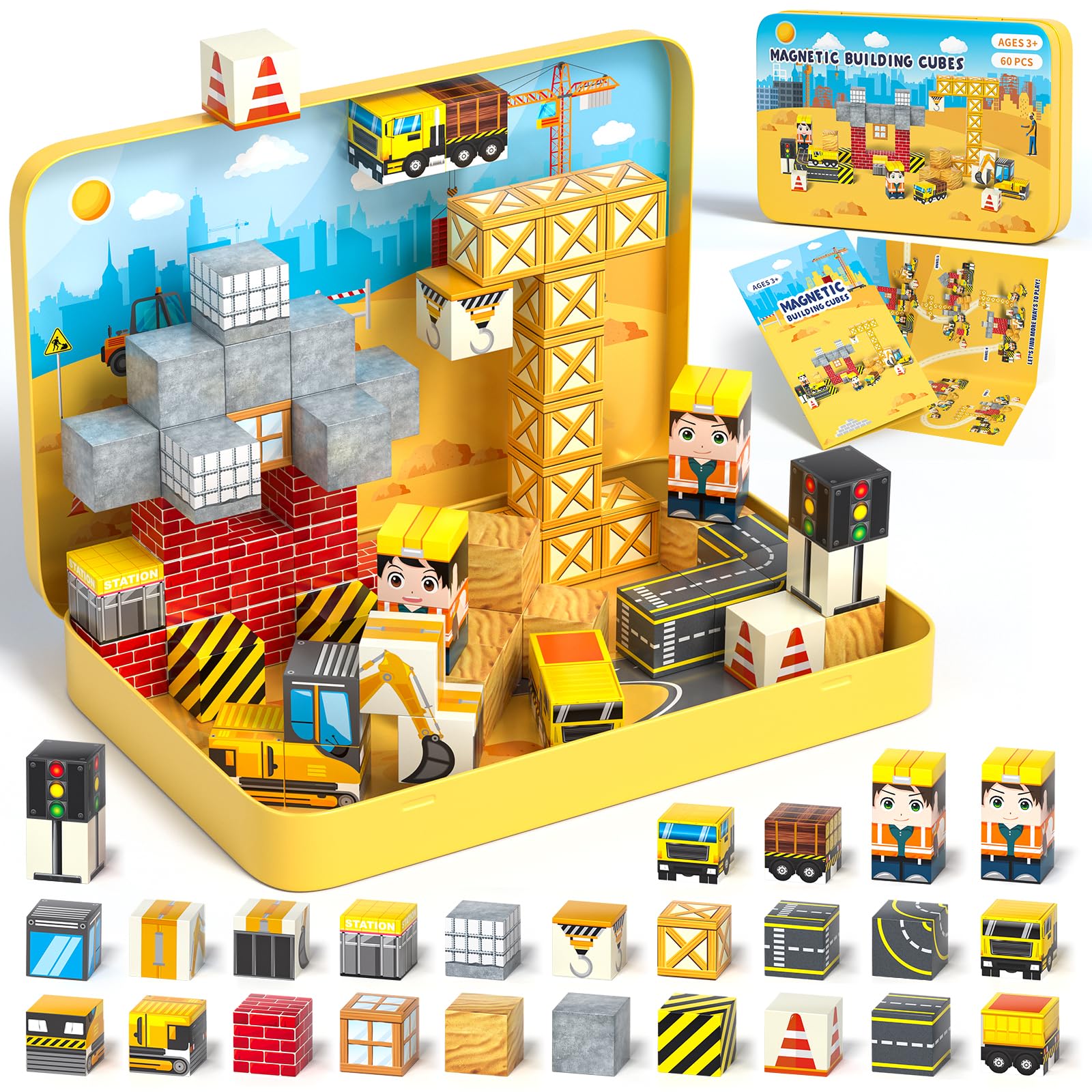 Magnetic Building Blocks for Kids, 60PCS Kids Travel Magnetic Cube Set | Mini Magnetic Blocks Travel Toys with Iron Box, Creative Educational Travel Games Toy Gift for 3 4 5 6 7 Year Olds Boys Girls
