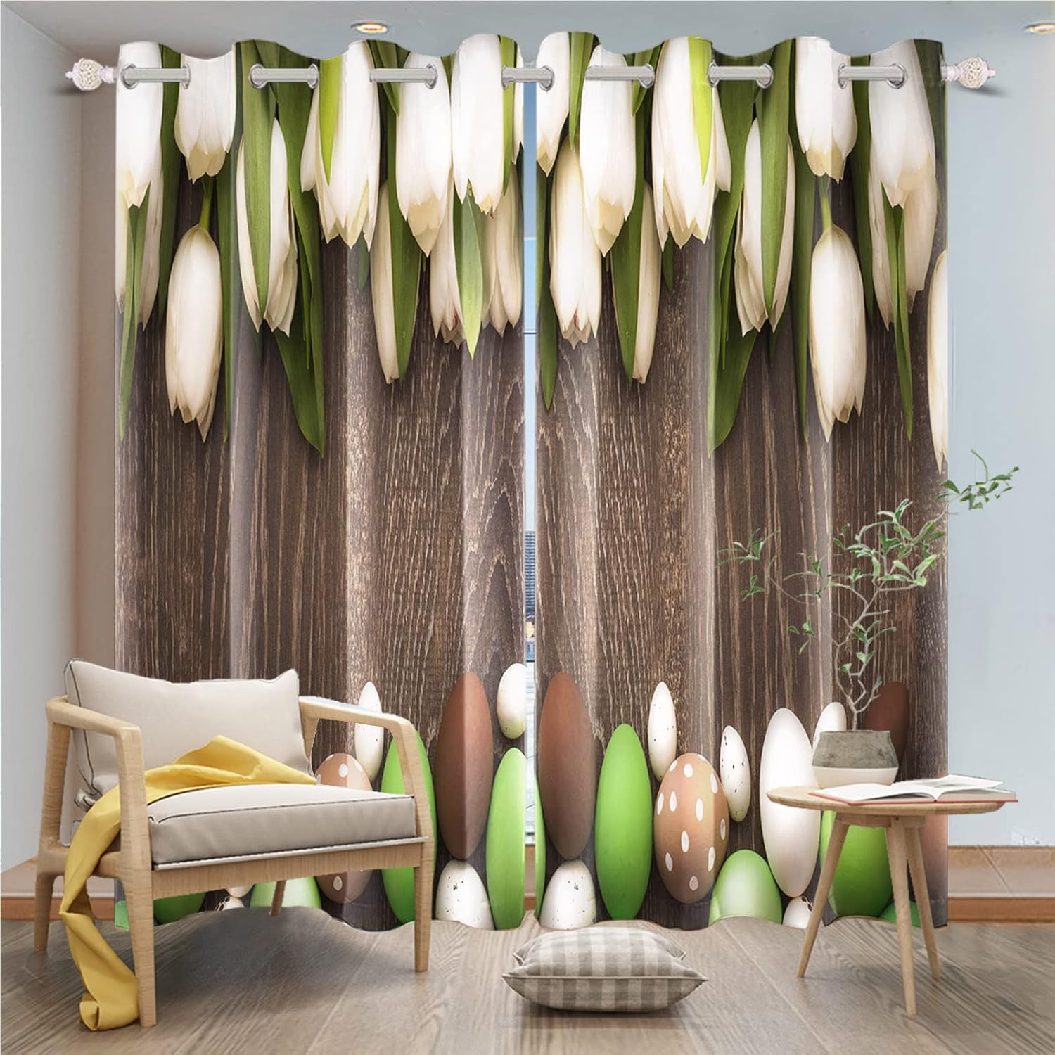 Yeele 53x85inches Wooden Board Flower Blackout Curtains for Living Room Bedroom Decor Easter Eggs Pattern Print Waterproof Polyester Curtains Room Darkening Curtains with Grommets,2 Panels