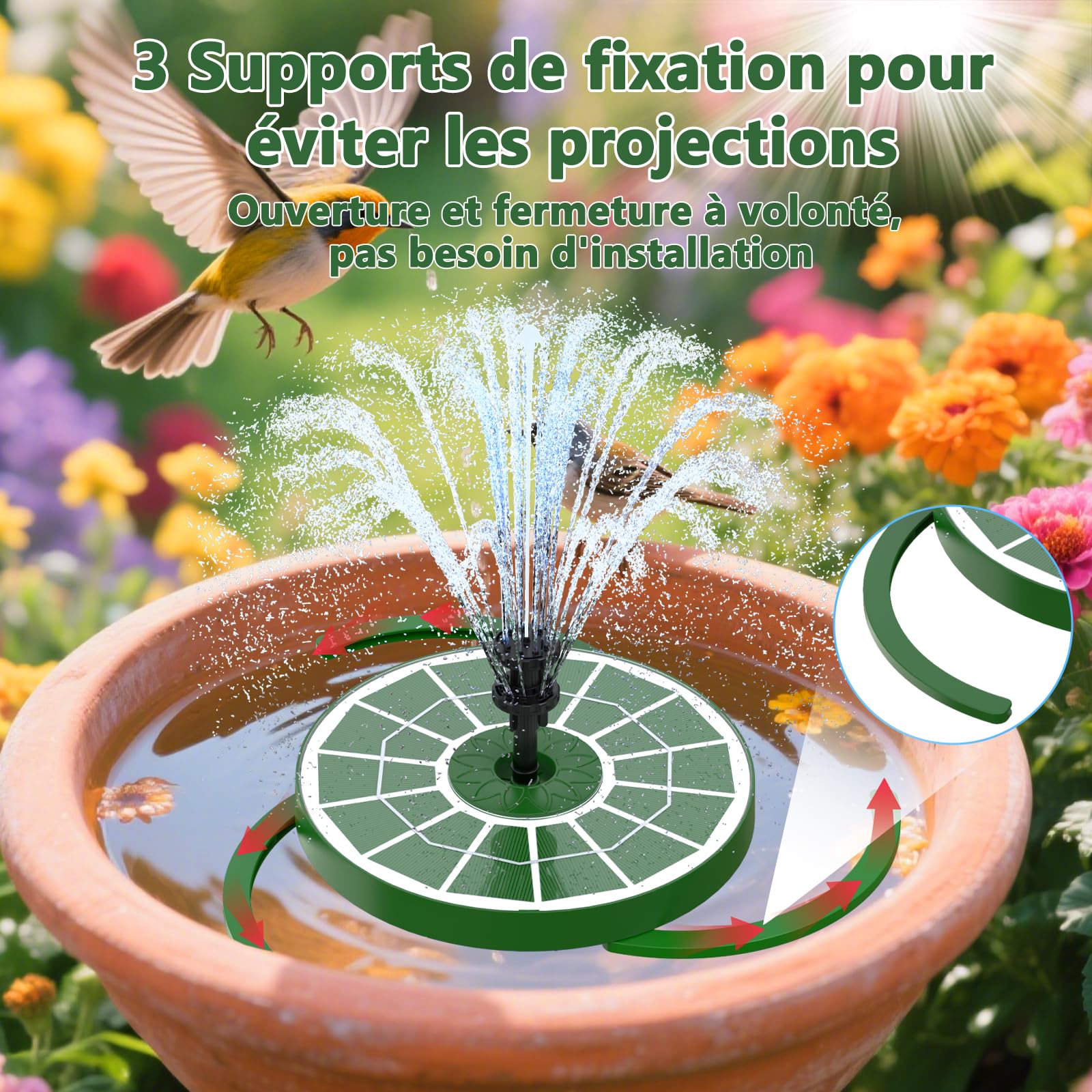 AISITIN Fontaine Solaire 3,5W Pompe de Fontaine Flottante Solaire avec Divers Effets de Pulvérisation, Pompe Solaire Bassin Exterieur avec Vitre en Verre Vert Foncé pour Jardin