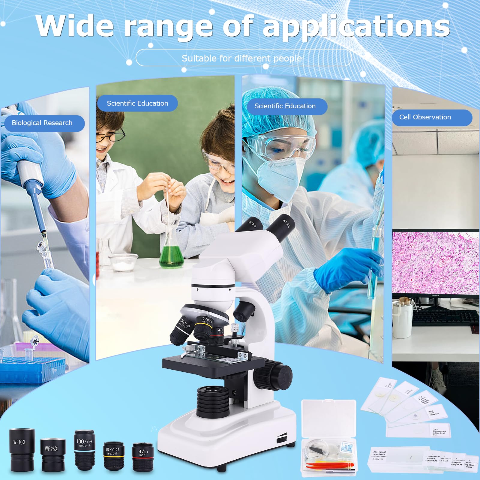 Microscopio para adultos y niños, microscopio binocular 40-2500X para laboratorio escolar y escuela en casa, con etapas mecánicas, juego de diapositivas y soporte para teléfono