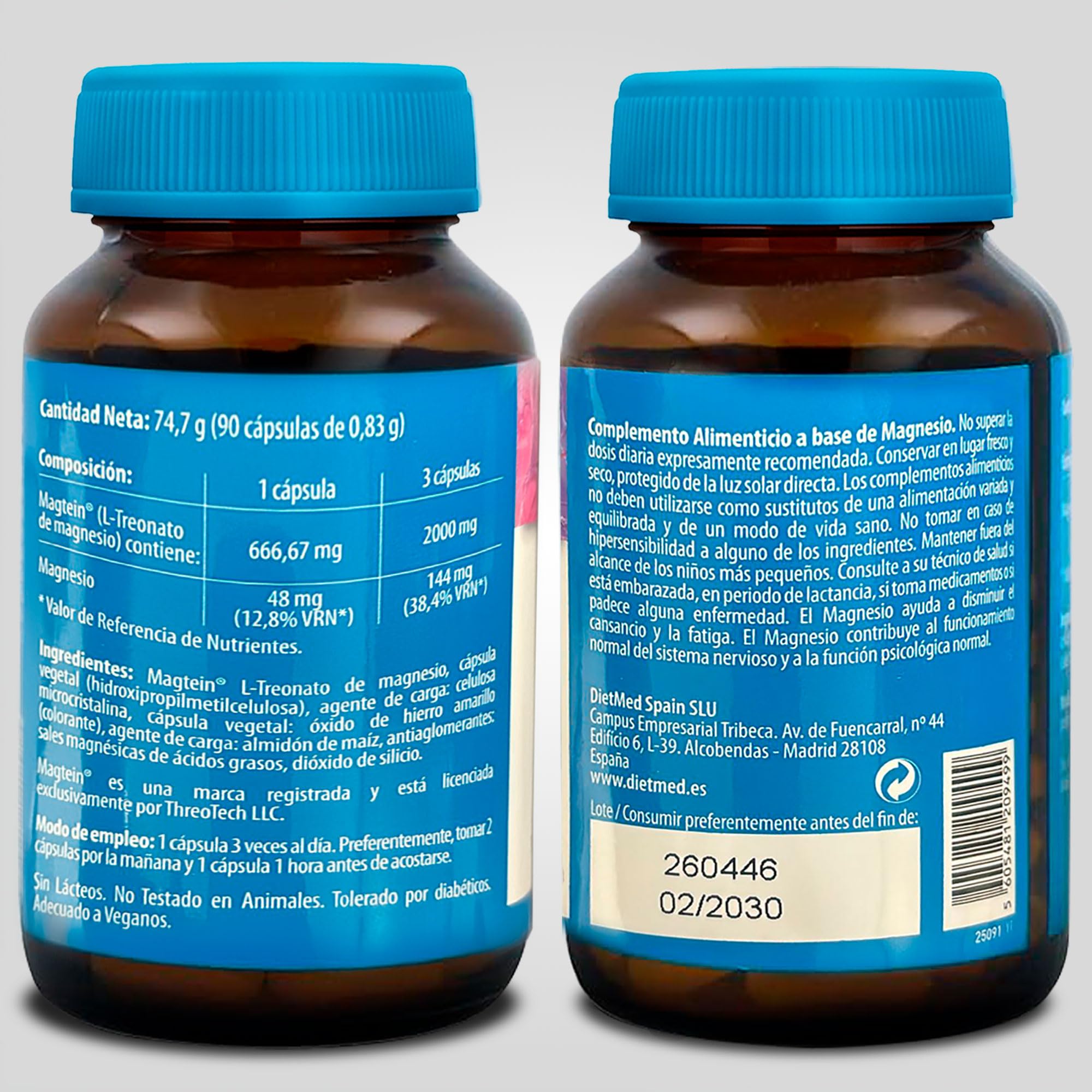 Magtein L-Treonato de Magnesio - Magnesio de Alta Absorción para Sistema Nervioso y Función Psicológica - Ayuda a Reducir Cansancio y Fatiga - 90 Cápsulas Vegetales - Dietmed