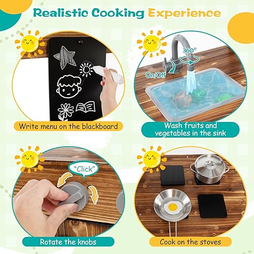 Miniatura 2 de Costzon Cocina de barro para niños al aire libre, cocina de madera con toldo, pizarra, estufa, fregadero extraíble, accesorios de cocina y