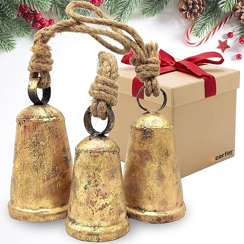 Juego de 3 campanas con forma de cono de estilo rústico, hechas a mano, vintage, metal, armonía, Navidad, colgantes, campanas decorativas de vaca en