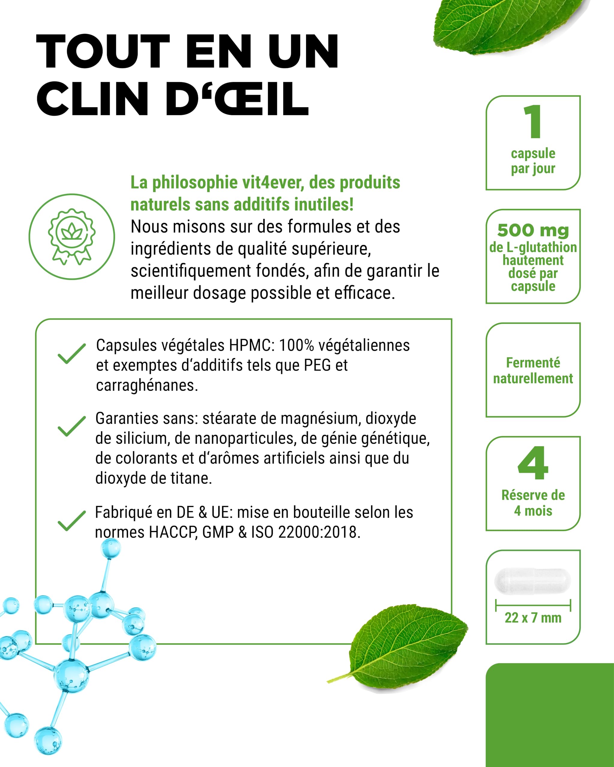 L-Glutathion - 120 Gélules avec 500 mg par Gélule - Premium : Glutathion Réduit & Bioactif Issu de la Fermentation - Hautement Dosé - Vegan