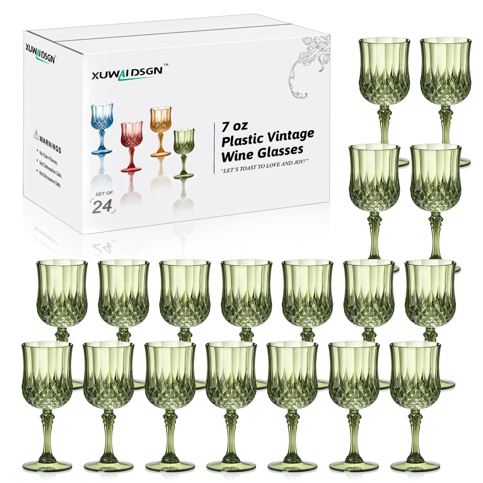 Photo 1 of XUWAIDSGN 24 Pcs 7oz Plastic Vintage Wine Glasses Drinking Glasses Unbreakable Wedding Glassware Crystal Water Goblets Reusable Drinkware Vintage Champagne Flutes (24, Dark Green)