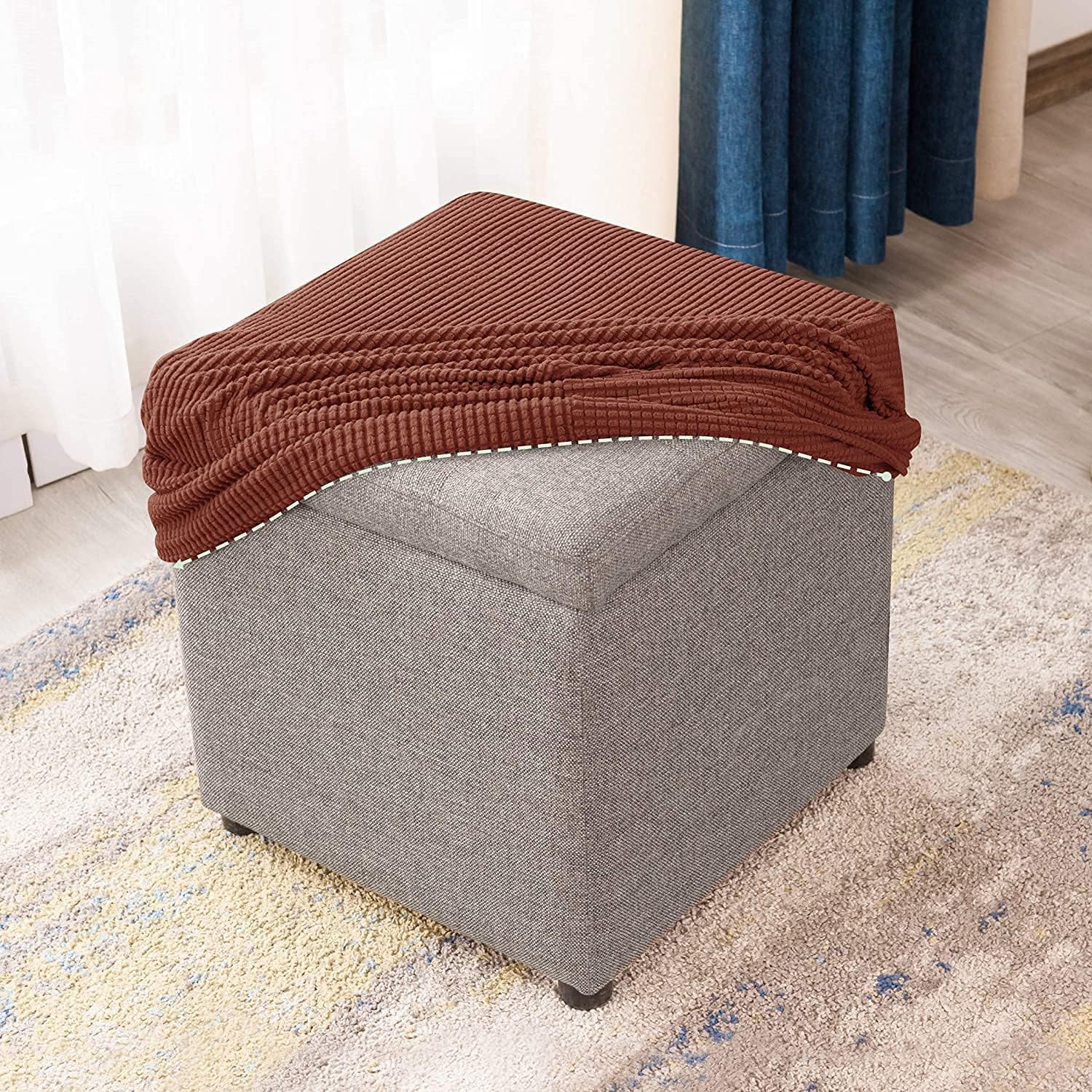 uyeoco Square Ottoman Slipcover Stool Covers Stretch Footstool Protector Covers with Elastic Bottom, Feature Textured Checked Fabric Machine Washable(F,40X40CM)