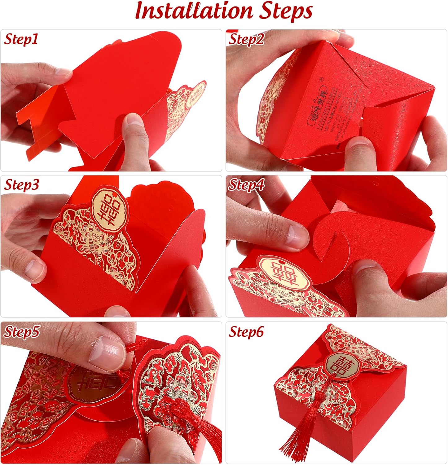 Abaodam Wedding Candy Box 20Pcs Chinese Style Xi Favor Boxes with Tassel Ribbon Portable Candy Storage Case for Wedding Baby Shower Birthday Party 3.18X3.18X1.96In - Image 4