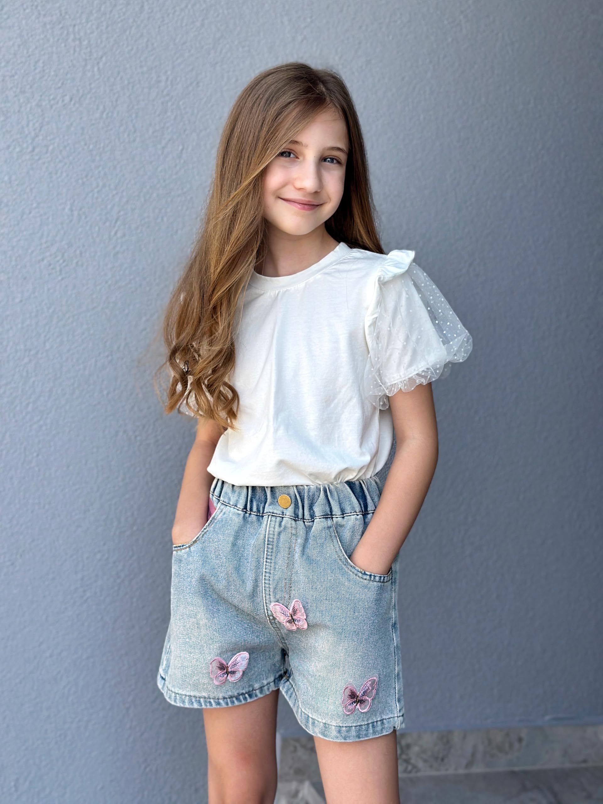 Rolanko Mädchen Jeans Shorts, Elastischer Bund Sommer Zerrissen Heiße Kurze Jeans mit Taschen für Kinder