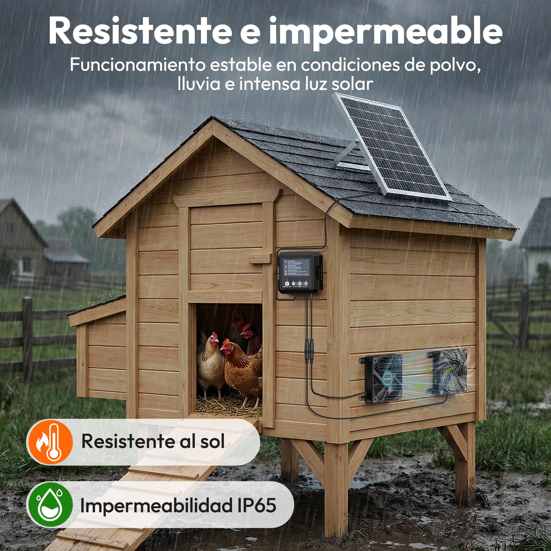 INNOLAND 25W Ventilador Solar para Gallinero con Batería de 7500 mAh | Ventilador Solar Exterior, 3 Modos Inteligentes con Sensor de Movimiento, Ventilador con Panel Solar para Cobertizo | Taller