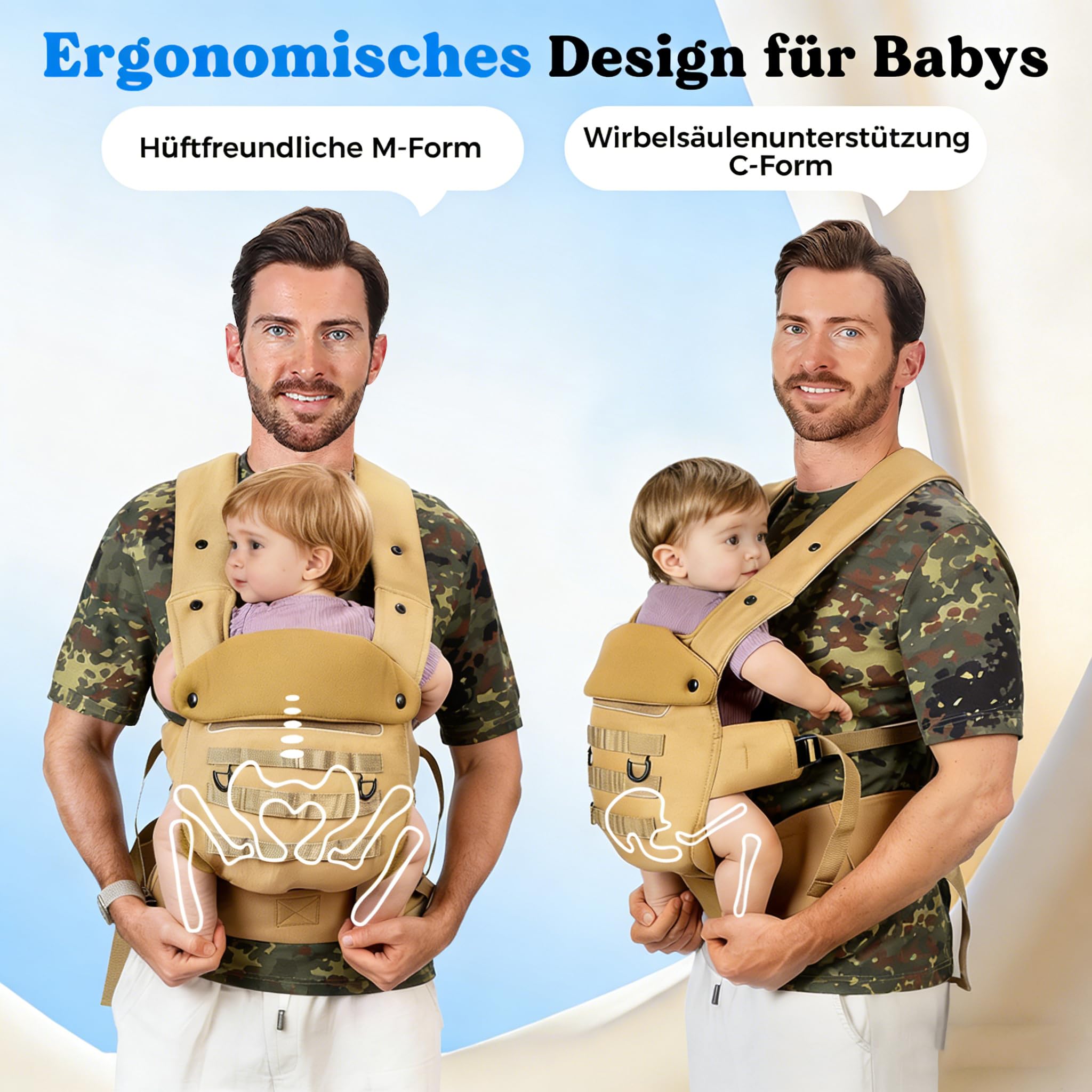 Portabebé TáCtico Para Padres, Portabebé Para NiñOs PequeñOs (4-36 Meses) - Portabebés ErgonóMico 3 En 1, Saludable Para La Cadera, Portabebés Para Paseos Y Viajes Caqui