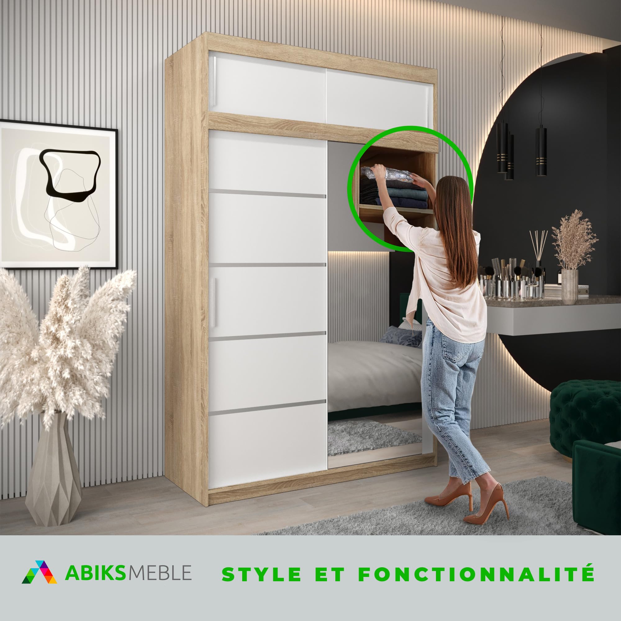 Armoire Porte Coulissante Avec Miroir Verona 2 - Dressing 100x200cm - Rangement Chambre Adulte