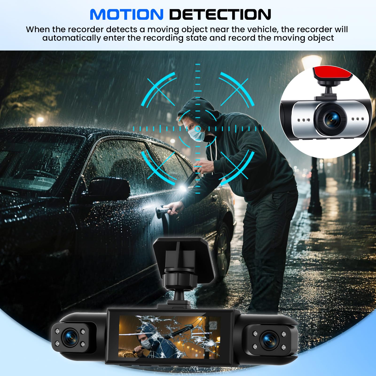 CAMECHO Dashcam 4 Canales 1080P, visión 360° para Coche, 4 cámaras Ajustables, Pantalla 3.16", guías de Aparcamiento, Compensación de exposición, grabación en Bucle, Montaje Sencillo