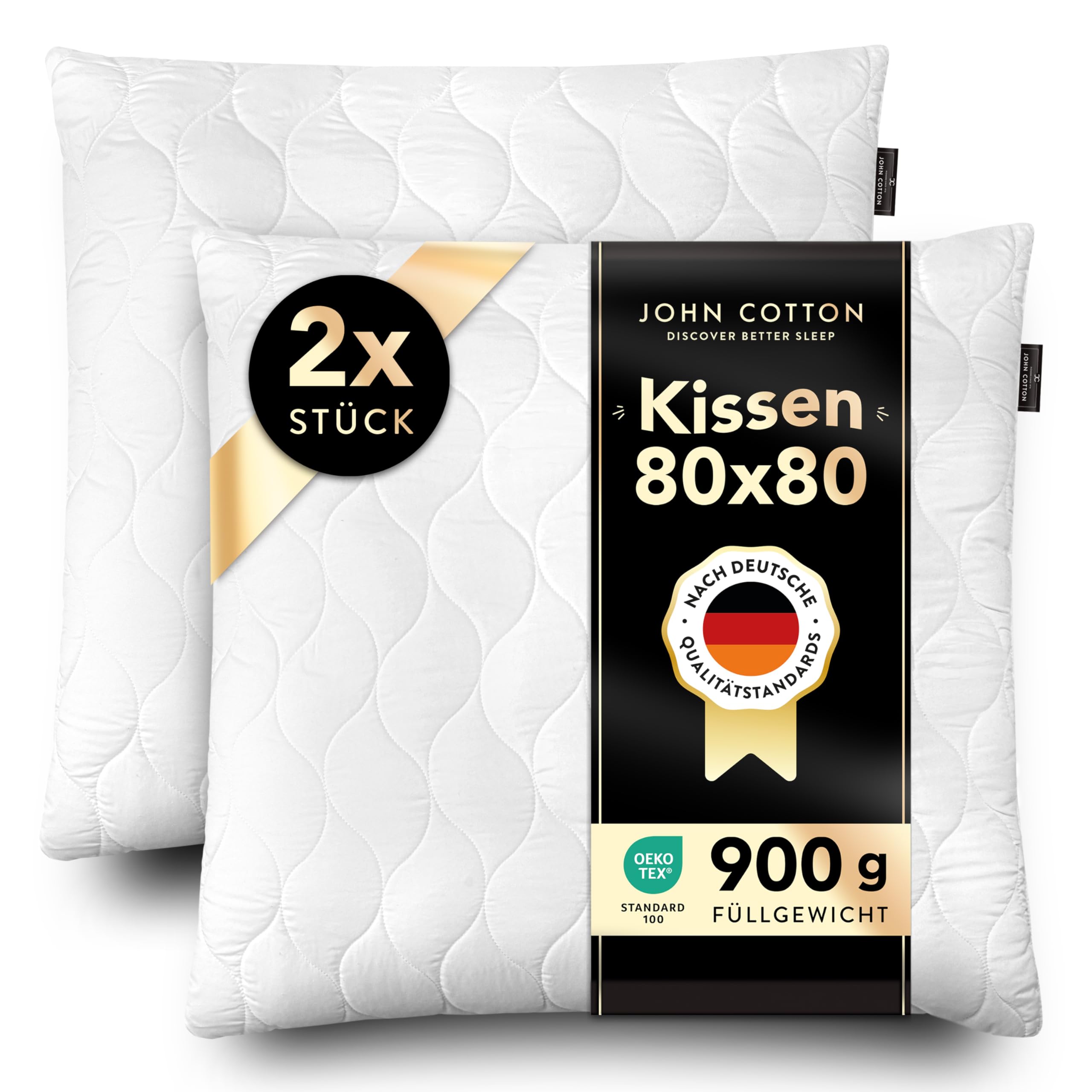John Cotton Kopfkissen 80x80 cm – 2er Set Hotel-Luxus-Stepp-Kissen für Nackenschmerzen, Verstellbares Kissen mit Reißverschluss - 900g Füllung, Schlafkissen für Allergiker, Oeko-TEX (80 x 80)