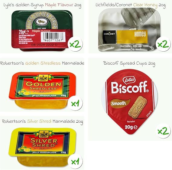 Individual Jam Portions Selection- Breakfast Jams, Spreads, Preserves, Honey, Lotus Biscoff Spread, Lyles Golden Syrup and Robertson's Marmalade | 16 Portions