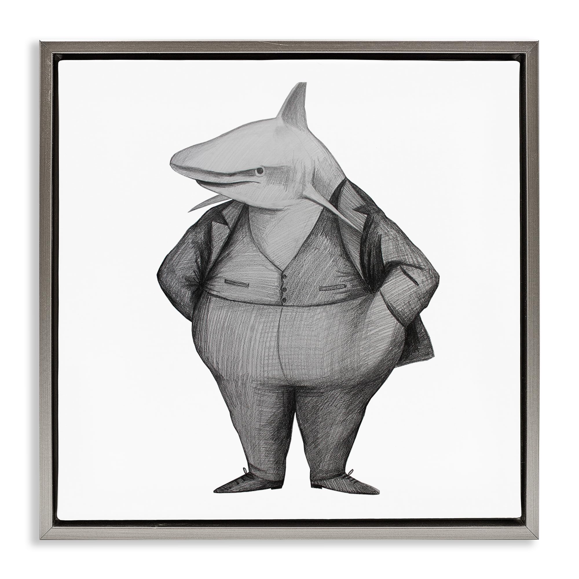 Stupell Industries Luster Gray (Matte) 'Shark In Suit Drawing', Floating Frame Canvas Art, Gray, 18 X 18 Inches, Easy To Hang And Sturdy, Made In Usa, By Violeta Vollmer