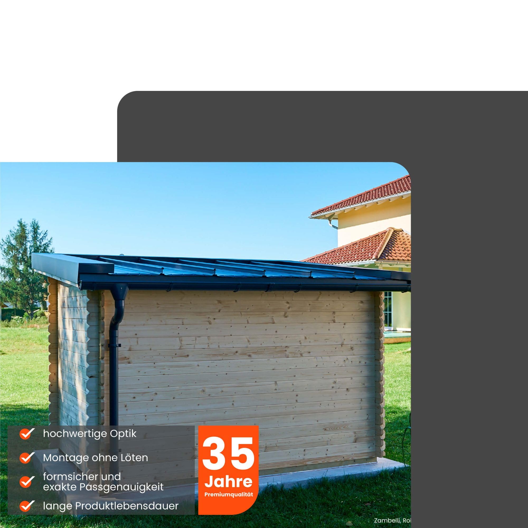 ZAMBELLI Zink Dachrinne Komplettset RG 250 2m Gartenhaus, Carport, Terrasse, 1 Dachseite, Silber ohne Löten, für Dachfläche bis ca. 70m²