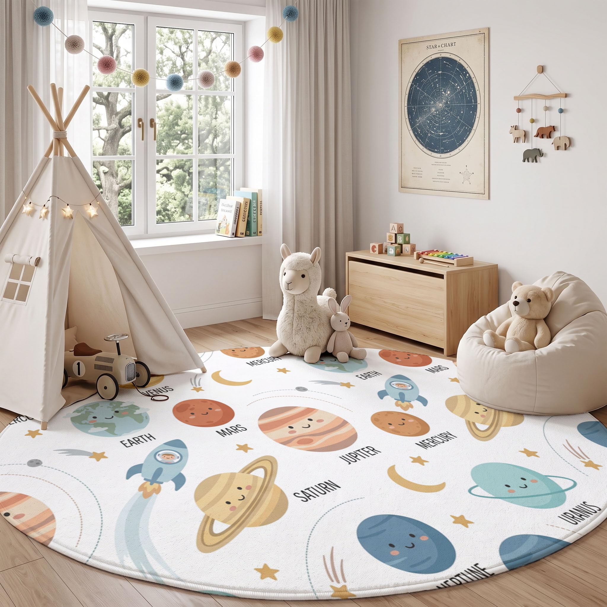 Tapis Rond Lavable Planètes du Système Solaire Fusées 180cm | Tapis Univers De Dessin Animé Mignon Antidérapants Salon Lavable en Machine pour pour Salle à Manger, Entrée, Cuisine, Blanc