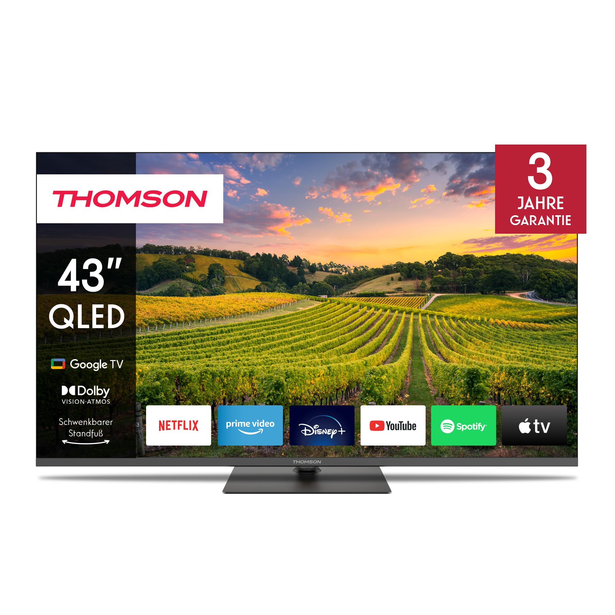 Thomson 43 Pollici (109 cm) QLED Piedistallo Centrale Google Smart TV, Wi-Fi, Dolby Audio, HDR10, Bluetooth 5.1, Triplo Tuner (Cavo/Satellite/Antenna), HDMI, CI+, Pannello A+ – 43QG5C14
