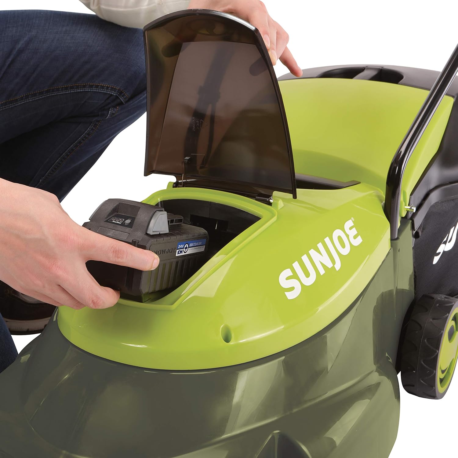 review Sun Joe MJ24C-14-XR Walk-Behind Cordless Push Lawn Mower w/Brushless Motor, 3 Setting Grass Height Adjustment, Rear Grass Clipping Bag, Kit (w/ 5.0-Ah Battery and Charger)
