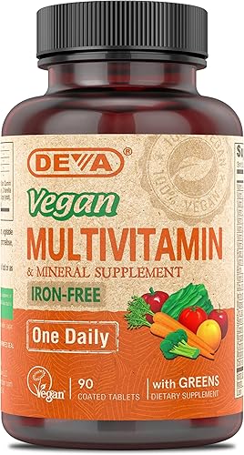 Deva Suplemento multivitamínico y mineral vegano, fórmula diaria de vitaminas con verduras, sin hierro, 90 tabletas recubiertas, 1 paquete