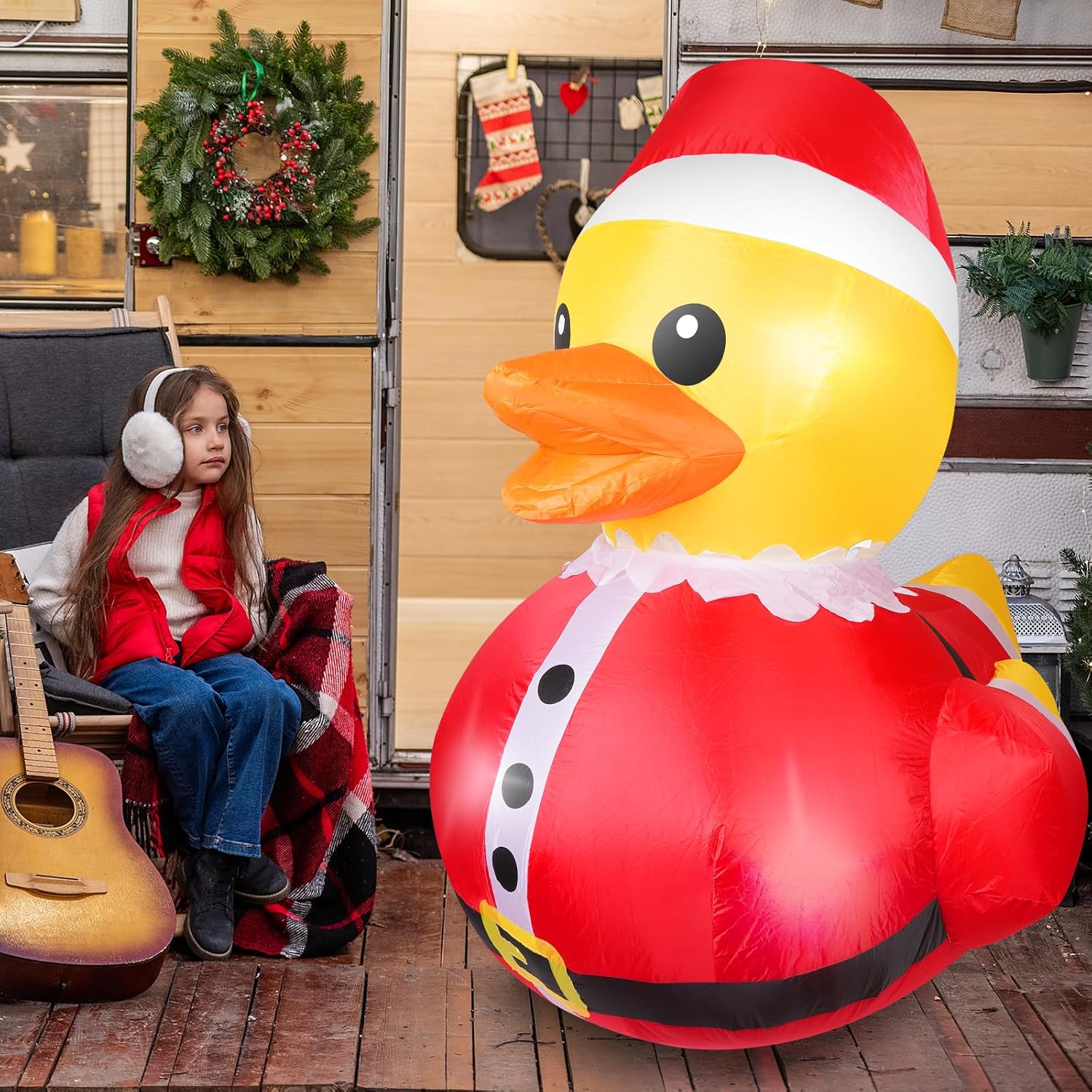 1Pcs 5 Feet Christmas Giant Inflatable Snowman Duck Outdoor Decorations,Build-in LEDs Lights Blow Up Yard Yellow Duck with Red Snowman Cloth for Indoor Christmas Holiday Party Garden Patio Lawn Decor - Image 4