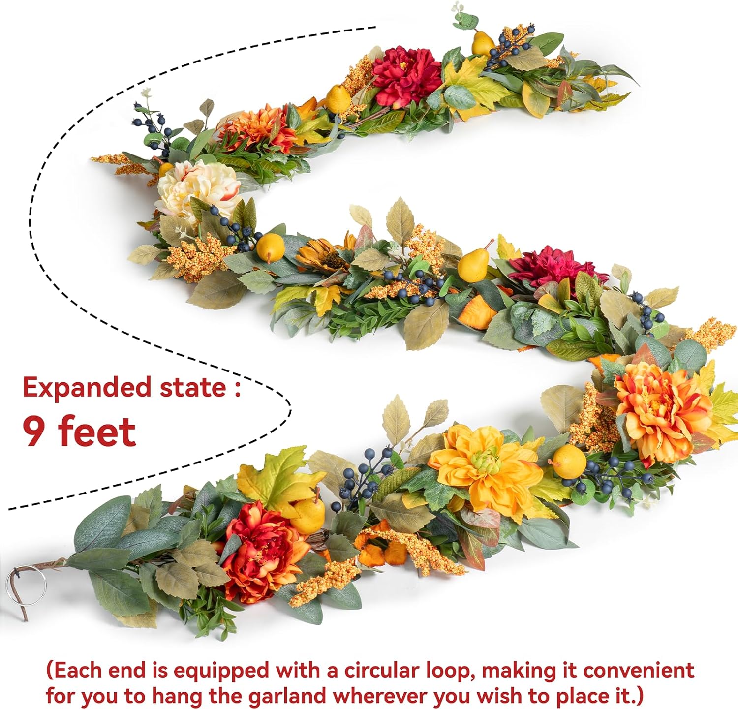 9 FT Fall Garland for Mantle- Fall Leaves Garland with Realistic Pumpkins,Vibrant Dahlia Peony Flowers,Pear,Blueberries and Eucalyptus&Maple Leaf for Fireplace,Thanksgiving Table Centerpiece
