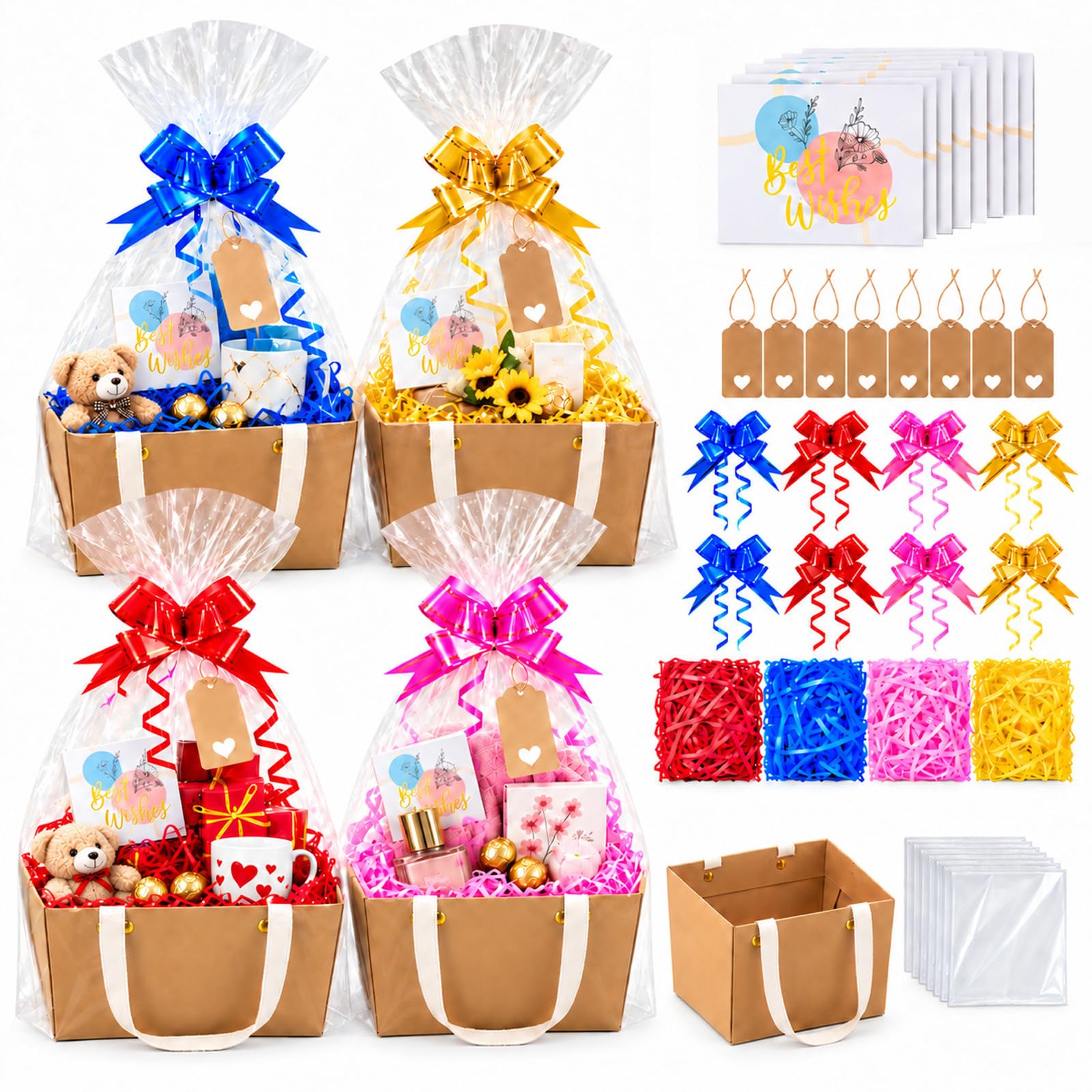 8 Set Gift Hamper Basket Kit, 48 Piece DIY Hamper Kit with Kraft Gift Boxes, Greeting Cards, Heart Tags, Pull Bows, Raffia and Cellophane Bags, Make Gift Baskets for Birthday, Christmas, Wedding