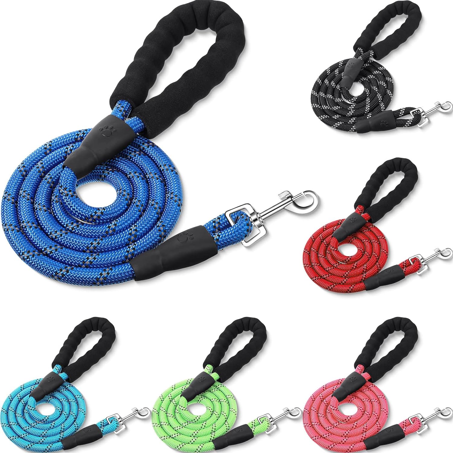 6 Pack Heavy Duty Rope Dog Leash Bulk, Reflective Nylon Dog Leashes with Soft