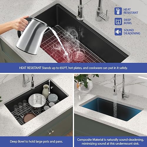 Miniatura 6 de Sarlai - Fregadero de cocina de 32 x 19 pulgadas, compuesto de granito negro mate de 32 x 19 pulgadas, para colocar debajo del mostrador, fregadero