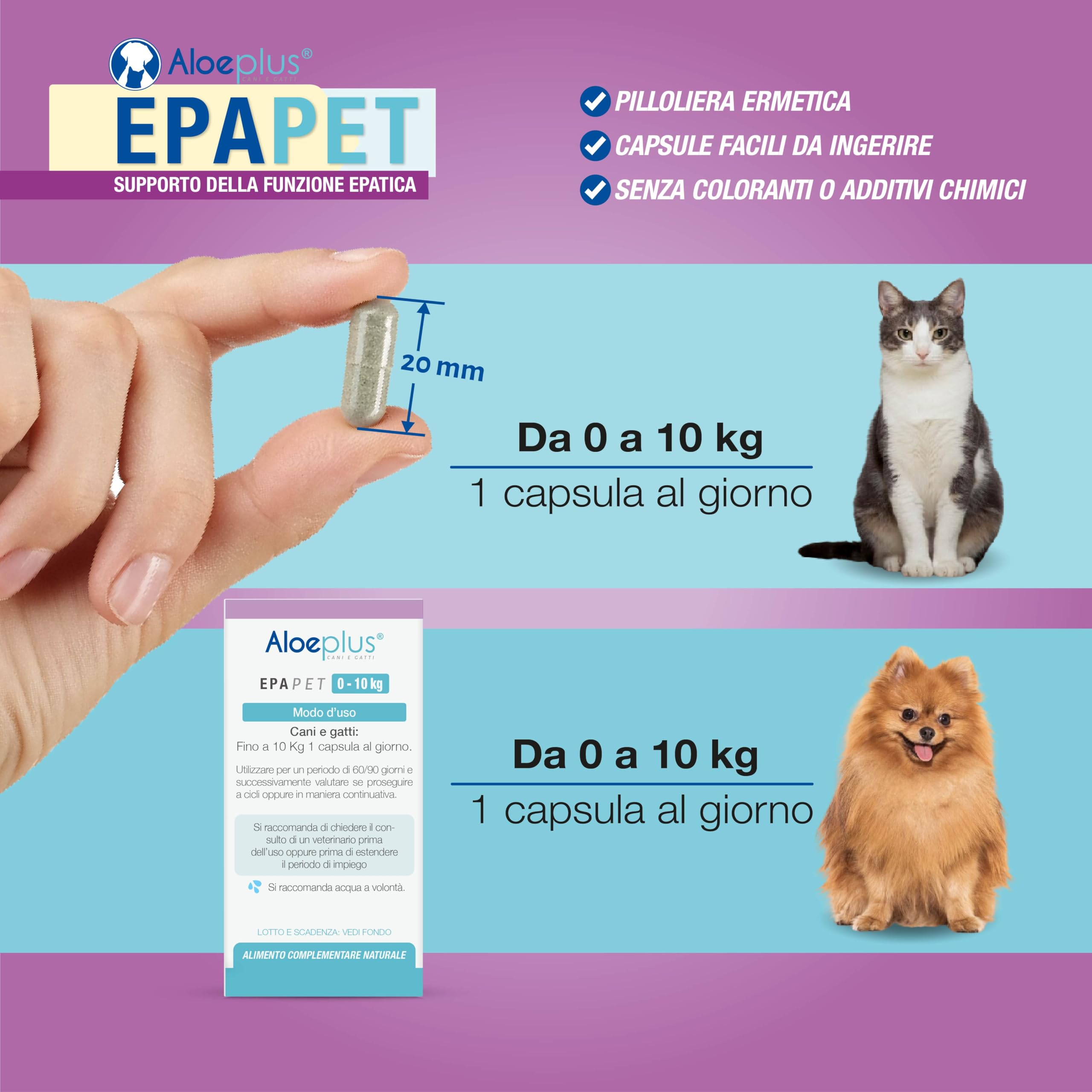 ALOEPLUS EpaPet - Integratore Naturale in Capsule per il Fegato di Cani e Gatti, con Cardo Mariano, Betaina e Vitamine, Senza Additivi Chimici, Dosaggio Personalizzato, 60 Capsule (0-10 kg)