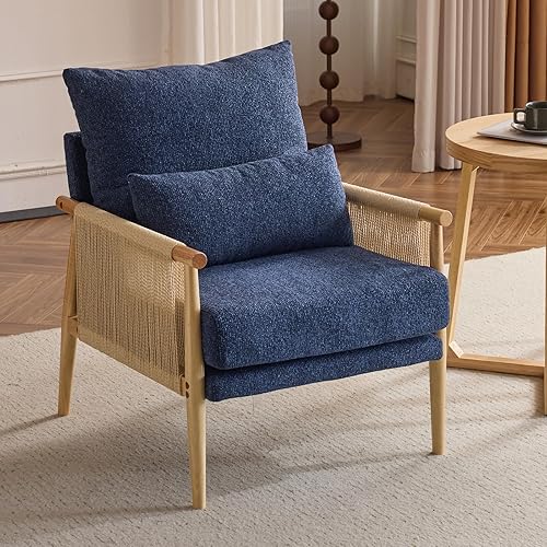 Karl home Acogedora silla decorativa de felpilla con almohada lumbar y brazos de ratán, silla moderna para sala de estar, dormitorio, rincón de