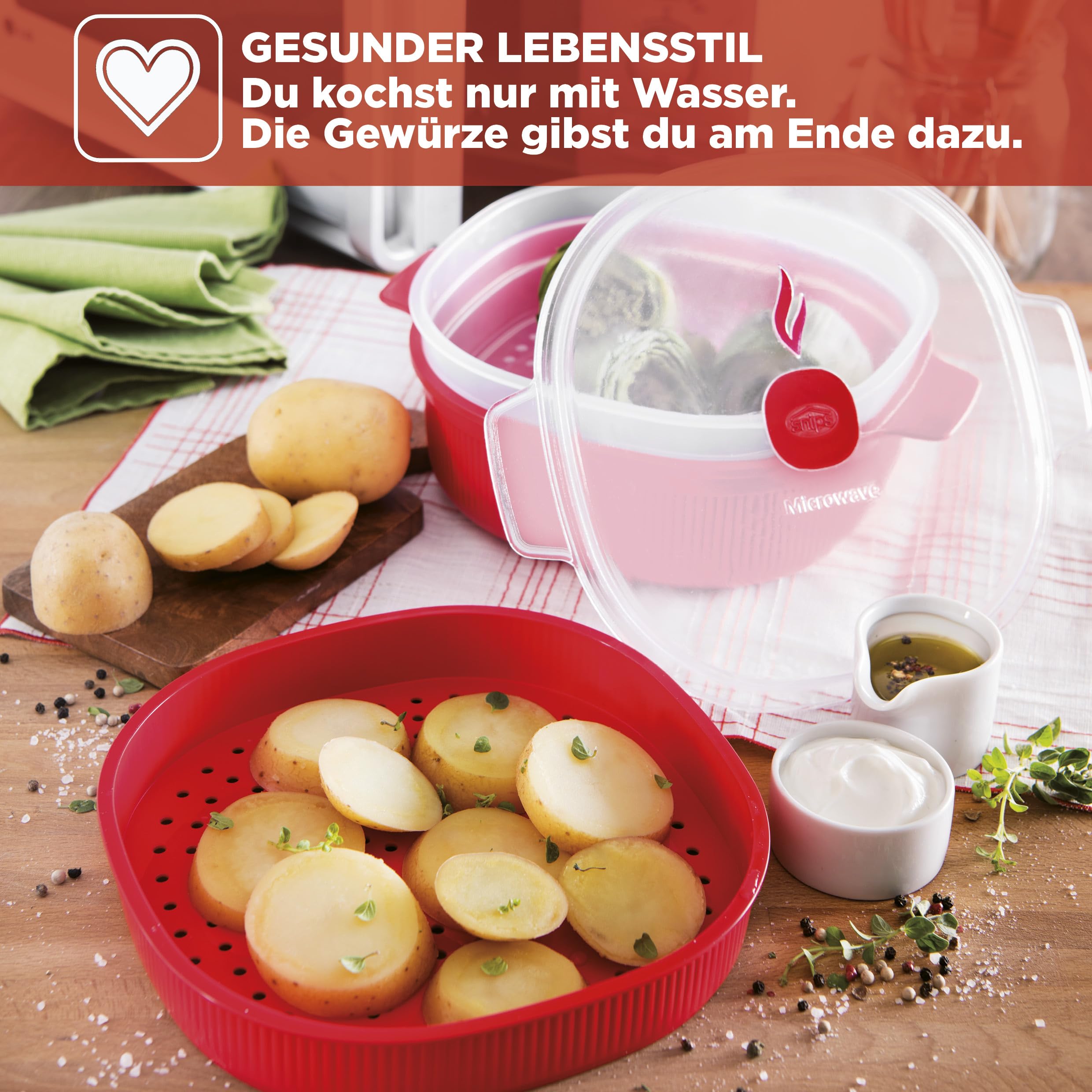 Snips - Dampfgarer für Mikrowelle Rot 4L, Microwave Mikrowellenschüssel mit 2 Tabletts - Mikrowellenbehälter Spülmaschinenfest Energiesparend und Schnelle Zubereitung, 26.5x22x13.5 cm, Made in Italy