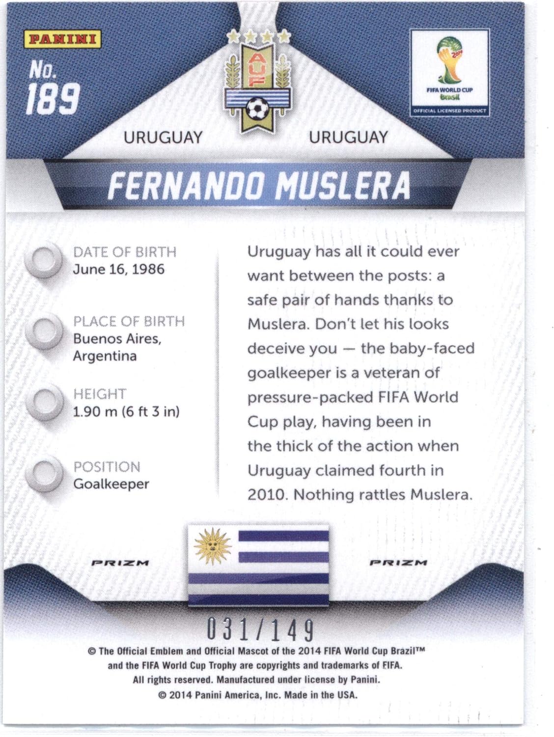 2014 Panini World Cup Prizm Red Prizms #189 Fernando Muslera Uruguay Soccer Card SER/149 NM-MT