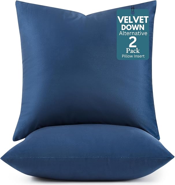 Throw Pillow Inserts Pack of 2-18 x 18 Inches Navy Velvet Cushion Inserts for Couch, Bed & Living Room Décor - Indoor Decorative Pillows