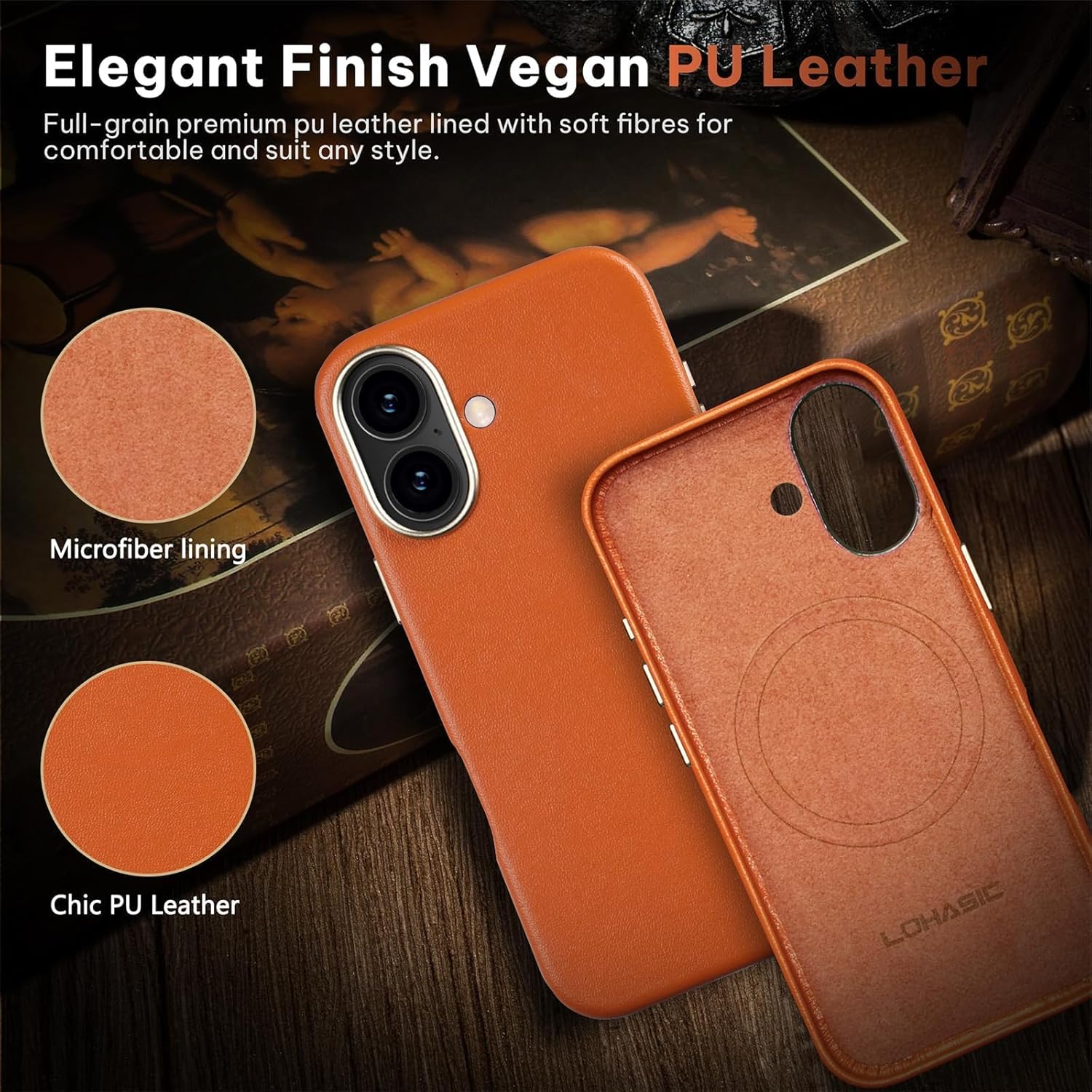 LOHASIC Compatible with MagSafe for iPhone 16 Leather Case, Classic Vegan PU Slim Fit Metal Buttons & Camera Lens Drop Protection Rugged Grip Magnetic Phone Case for iPhone 16 6.1inch 2024 - Tan Brown Pop p