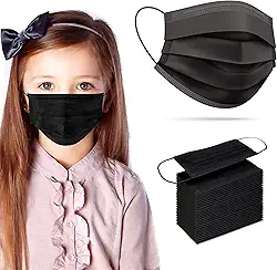 PURE GEM [Pacote Com 100] Máscaras Faciais Descartáveis Infantis Para Meninos E Meninas, De 3 Camadas | Proteção Facial Elástico Nas Orelhas Creche Escola (Preto)