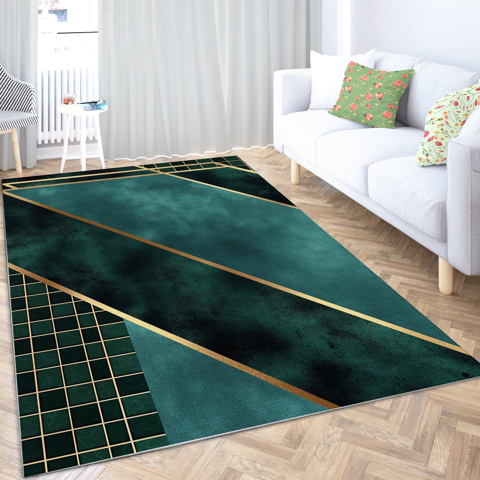 Teppich Grüne Geometrie 120x180 cm Wohnzimmer Teppich Schlafzimmer Teppich Modern Waschbarer Kurzflor Teppiche rutschfest Flauschig Weiche Teppiche