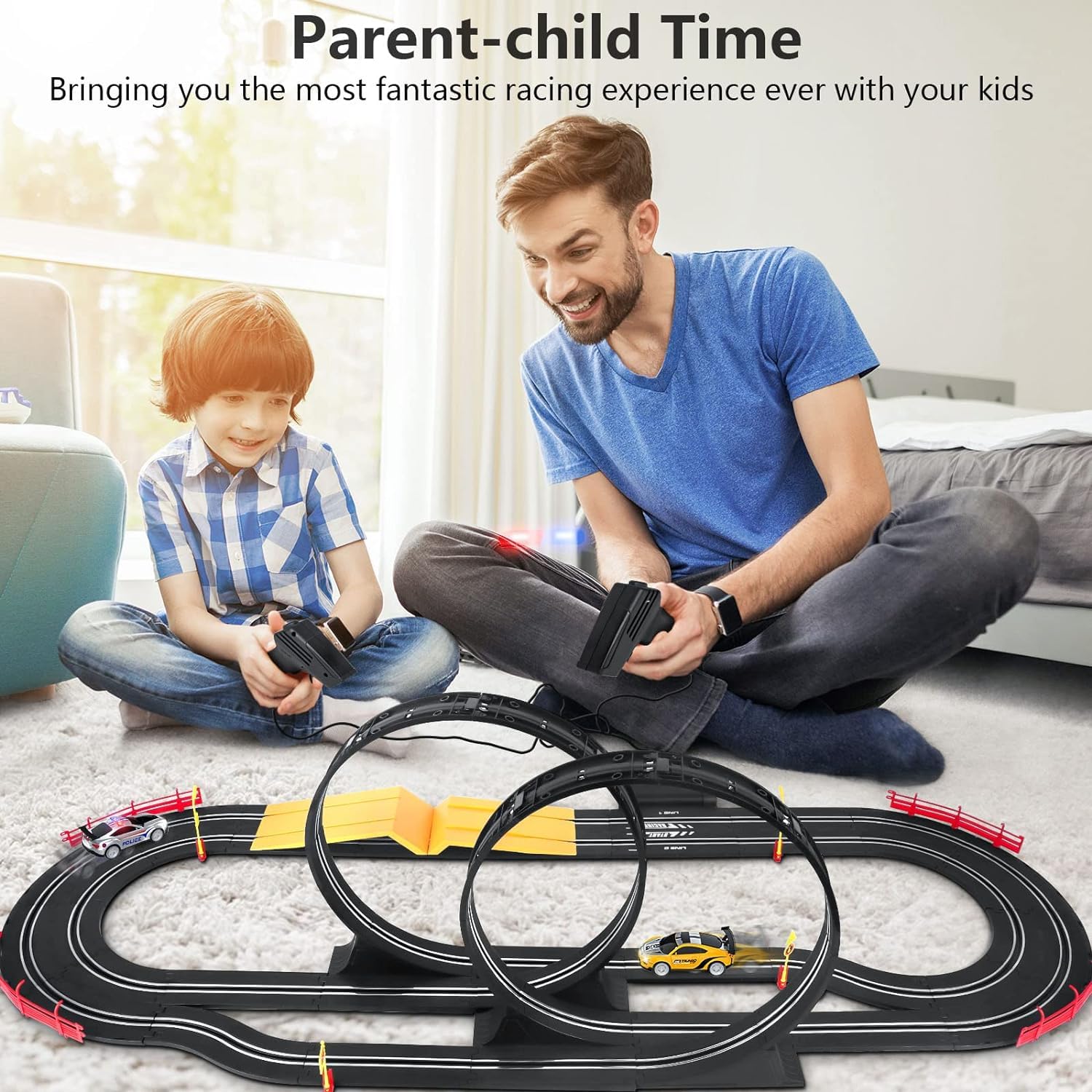FLUESTON High-Speed Slot Car Electric Racing Track Playset for Boys with 2 Slot Cars and 2 Hand Controllers, 1:43 Scale with Headlights and Dual Racing, Toys (Soba 2 Car Track Set Electric_27 3