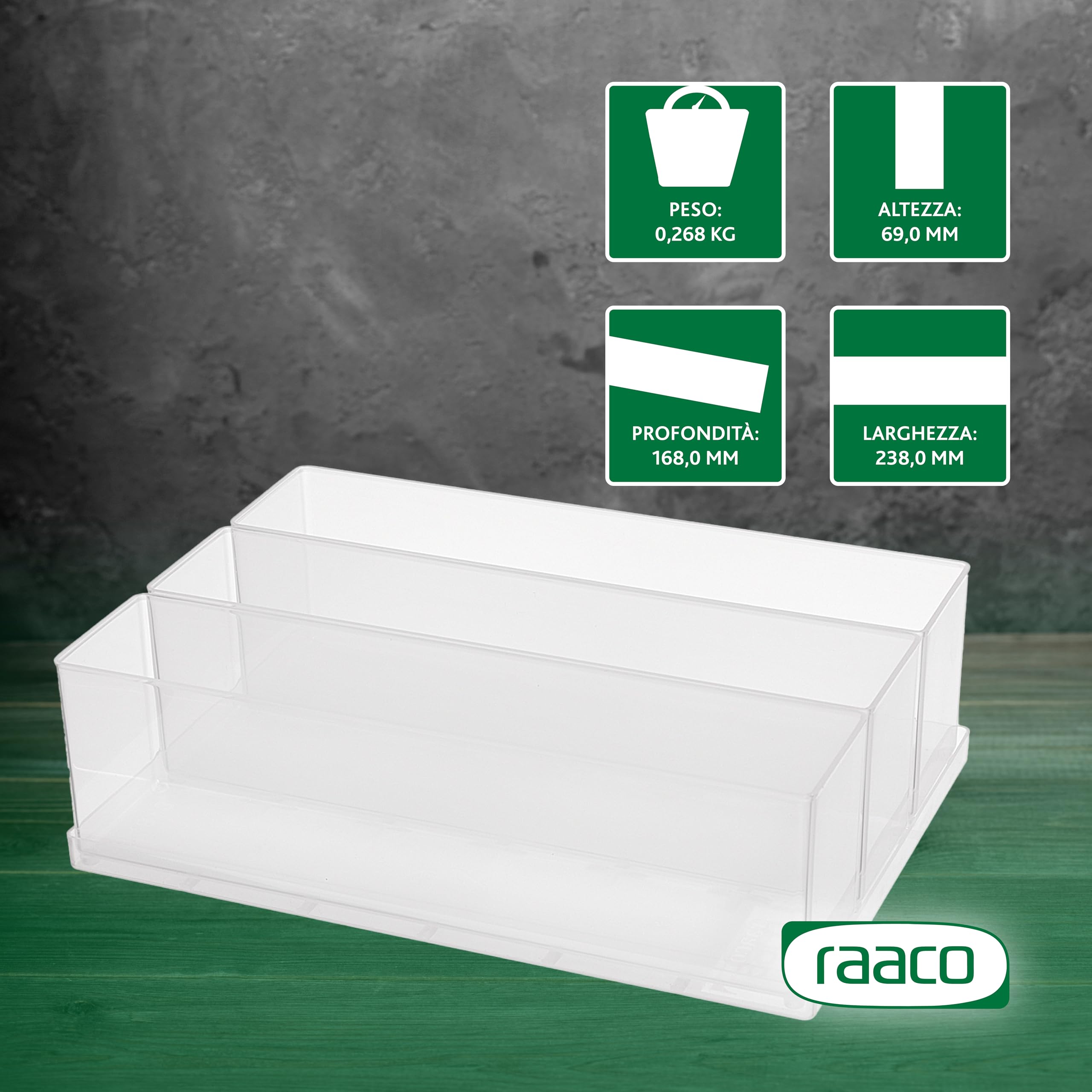 raaco Scatola portaoggetti 80 3xBA8-3, vassoio con 3 inserti, trasparente, 16,8 x 23,8 x 6,9 cm