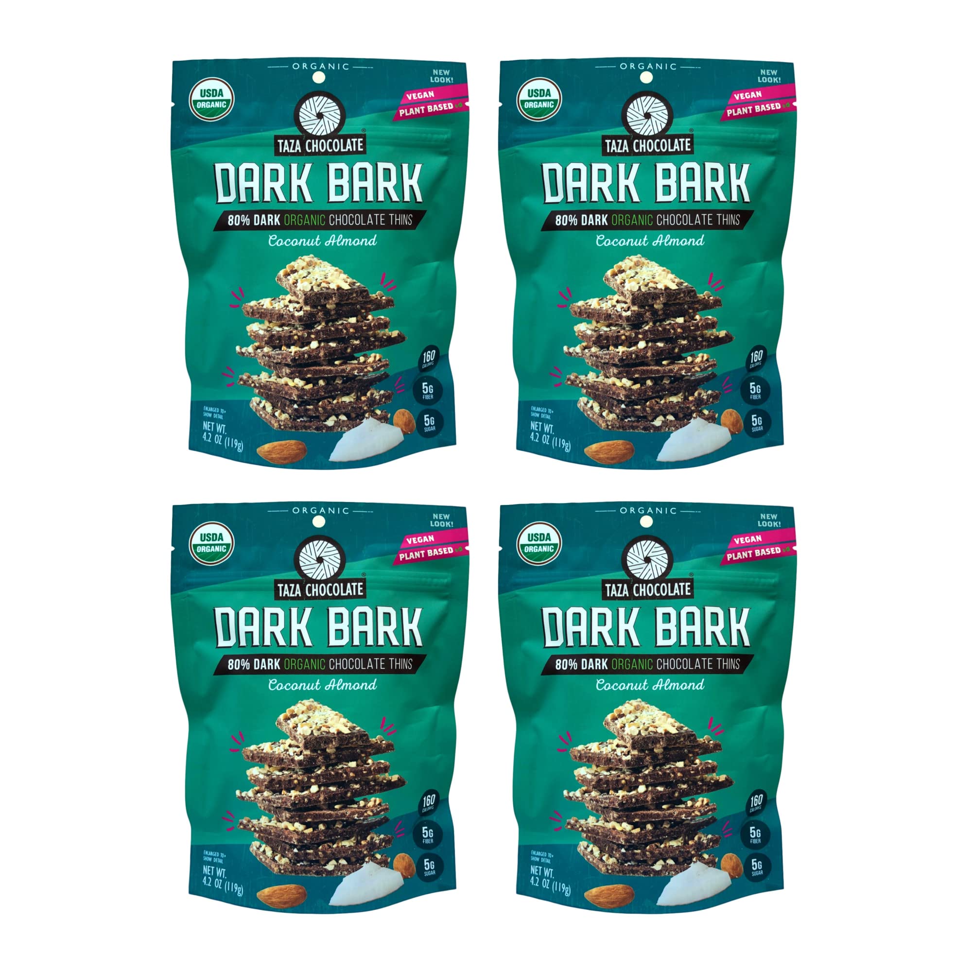 Taza ChocolateOrganic Stone Ground 80% Dark Bark Snacking Thins, Coconut Almond, 4.2 Ounce (Pack of 4)