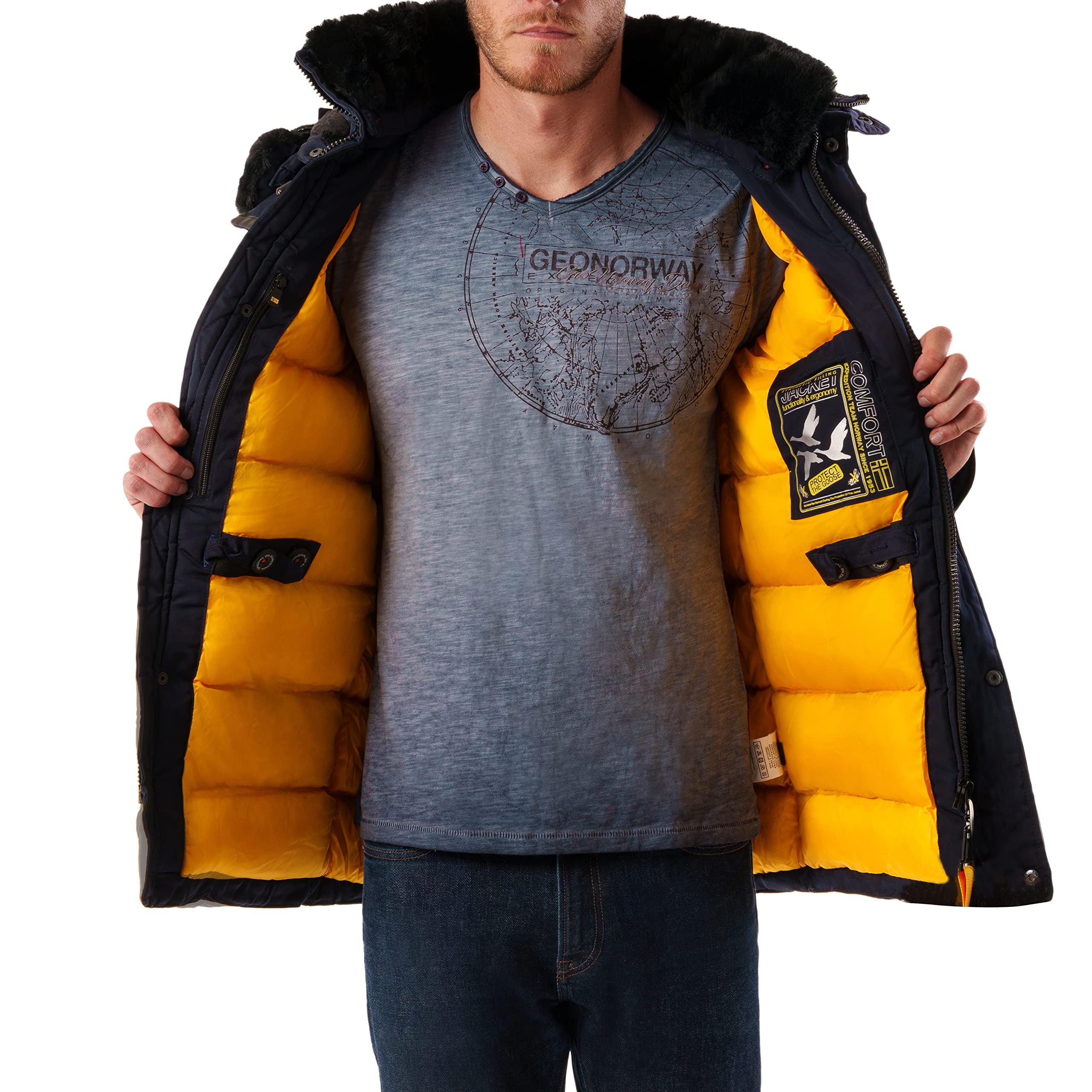 Geographical Norway Acrobate Men ciepła parka dla mężczyzn, na jesień i zimę, szeroki płaszcz, odporny na działanie wody, z kapturem, ciepła kurtka, wiatrówka dla mężczyzn, idealny prezent