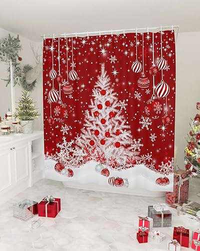 Miniatura 9 de Cortina de ducha de árbol de Navidad con 12 ganchos, impermeable, bolas de Navidad rojas, cortina de baño para baño, decoración de bañera, juego de