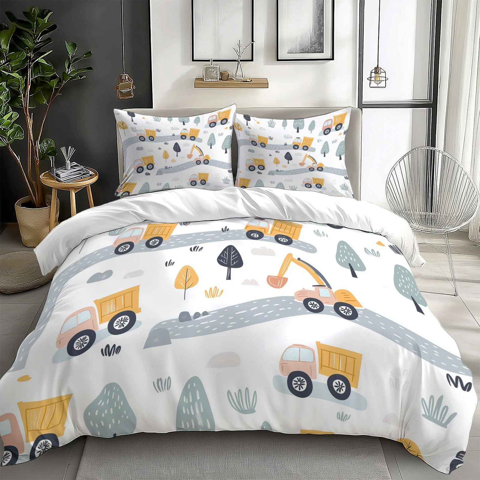 Housse de couette 220x240 cm pour lit double motif engins de chantier